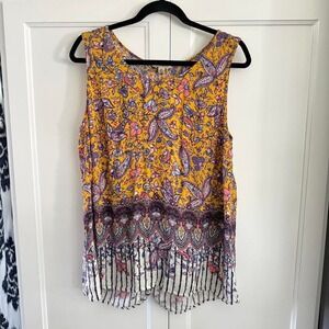 Boho Lucky Brand Yellow Floral Paisley Hippie Split Back Sleeveless Blouse XL